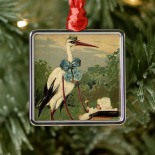 Oude victoriaanse ooievaar en kinderwagen metalen ornament