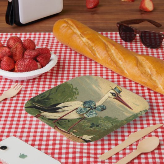 Oude victoriaanse ooievaar en kinderwagen papieren bordje (Picknick)