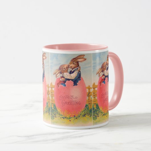 Oude Victoriaanse Pasen Groet Twee Konijnen Kus Mok (Voorkant rechts)