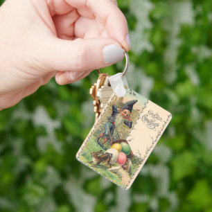 Oude Victoriaanse Pasen Groeten met Gnome Sleutelhanger