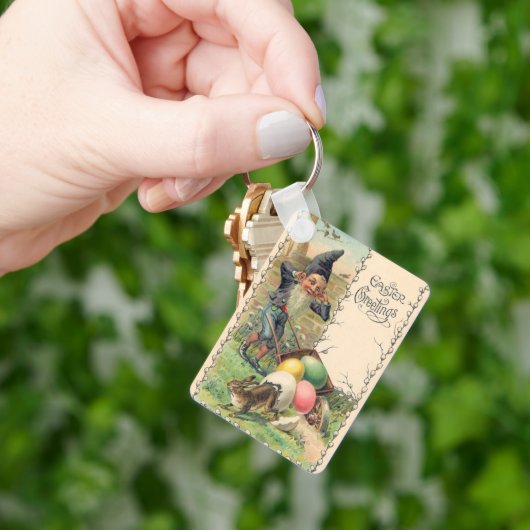 Oude Victoriaanse Pasen Groeten met Gnome Sleutelhanger (Hand)