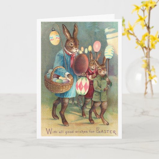 Oude Victoriaanse Pasen Wensen met Konijnen Kaart (Gele Bloem)