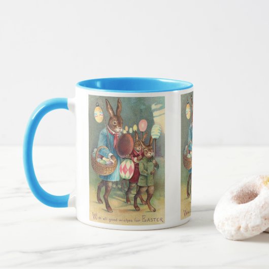 Oude Victoriaanse Pasen Wensen met Konijnen Mok (Met donut)