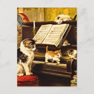 Oude Victoriaanse Pianoles Kitten Schilderij  Briefkaart