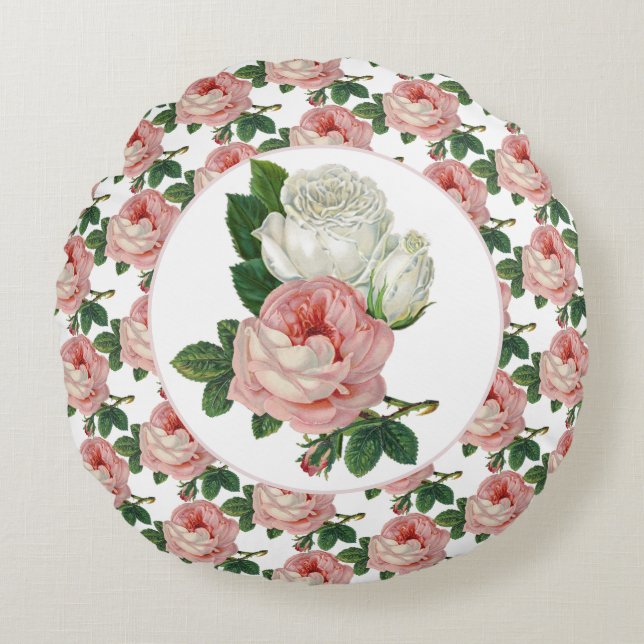 Oude Victoriaanse Roze Roos Bloem  Rond Kussen (Voorkant)