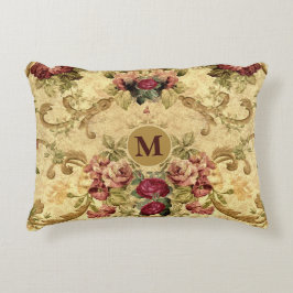 Oude Victoriaanse Rozen Mauve met Gouden Monogram  Accent Kussen