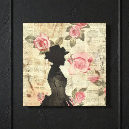 Oude Victoriaanse Silhouet met Roze Rozen Canvas Afdruk