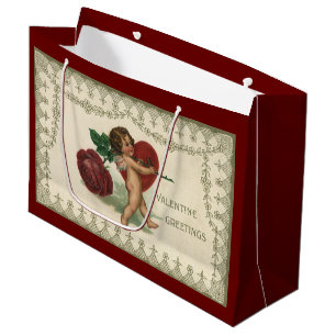 Oude Victoriaanse Valentijn cherubijn, roos en har Groot Cadeauzakje
