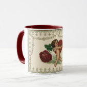 Oude Victoriaanse Valentijn cherubijn, roos en har Mok (Voorkant links)