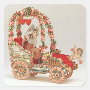 Oude Victoriaanse Valentijnsdag, Auto met Bloemen Vierkante Sticker