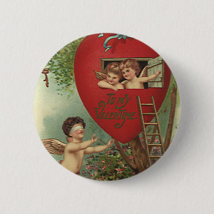 Oude Victoriaanse Valentijnsdag Cherubs Boomhut Ronde Button 5,7 Cm