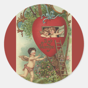 Oude victoriaanse valentijnsdag cherubs boomhut ronde sticker