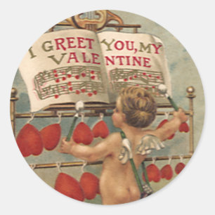 Oude Victoriaanse Valentijnsdag, Cupido en Hartjes Ronde Sticker