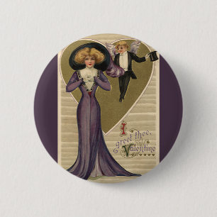 Oude victoriaanse Valentijnsdag, dame in paars Ronde Button 5,7 Cm