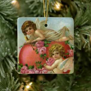 Oude Victoriaanse Valentijnsdag engelen hart roos Keramisch Ornament
