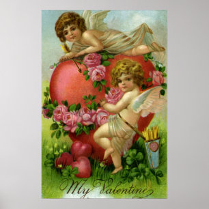 Oude Victoriaanse Valentijnsdag engelen hart roos Poster