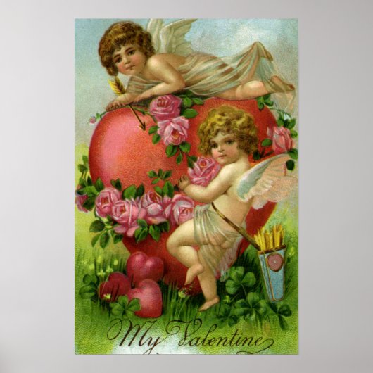 Oude Victoriaanse Valentijnsdag engelen hart roos Poster (Voorkant)