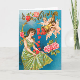 Oude victoriaanse Valentijnsdag engelen & harten Feestdagen Kaart