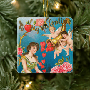 Oude victoriaanse Valentijnsdag engelen & harten Keramisch Ornament
