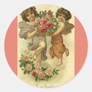 Oude Victoriaanse Valentijnsdag, engelen rozen Ronde Sticker