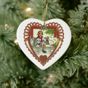 Oude Victoriaanse Valentijnsdag, Jongen in Hart Keramisch Ornament