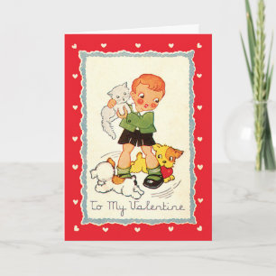 Oude victoriaanse Valentijnsdag-jongen, kat en hon Feestdagen Kaart