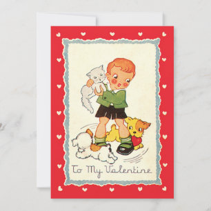 Oude victoriaanse Valentijnsdag-jongen, kat en hon Feestdagenkaart
