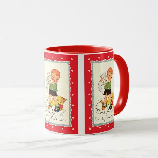 Oude victoriaanse Valentijnsdag-jongen, kat en hon Mok (Voorkant rechts)