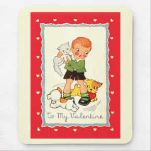 Oude Victoriaanse Valentijnsdag-jongen, kat en hon Muismat