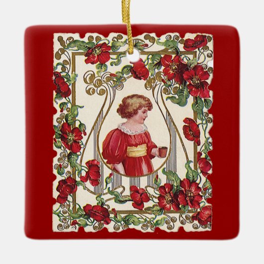 Oude victoriaanse Valentijnsdag kind met rozen Keramisch Ornament (Voorkant)