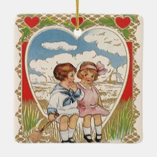 Oude Victoriaanse Valentijnsdag Kinderen in Hart Keramisch Ornament