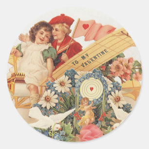 Oude victoriaanse Valentijnsdag, kinderen in vlieg Ronde Sticker