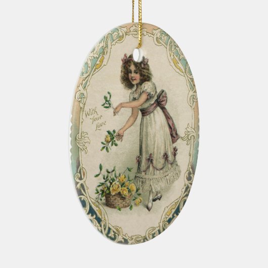 Oude victoriaanse Valentijnsdag, Meisje met rozen Keramisch Ornament (Rechts)