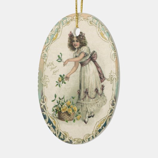 Oude victoriaanse Valentijnsdag, Meisje met rozen Keramisch Ornament (Links)