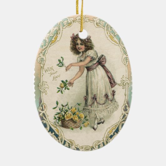 Oude victoriaanse Valentijnsdag, Meisje met rozen Keramisch Ornament (Achterkant)