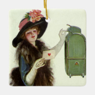 Oude Victoriaanse Valentijnsdag Vrouw Liebesbrief Keramisch Ornament