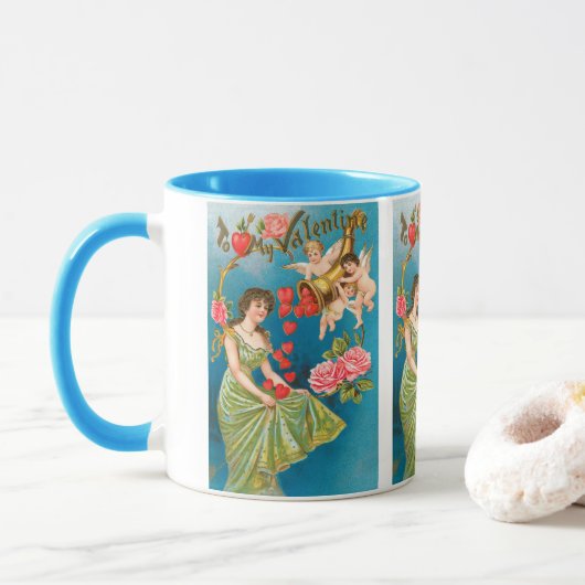 Oude victoriaanse valentijnsengelen en harten mok (Met donut)