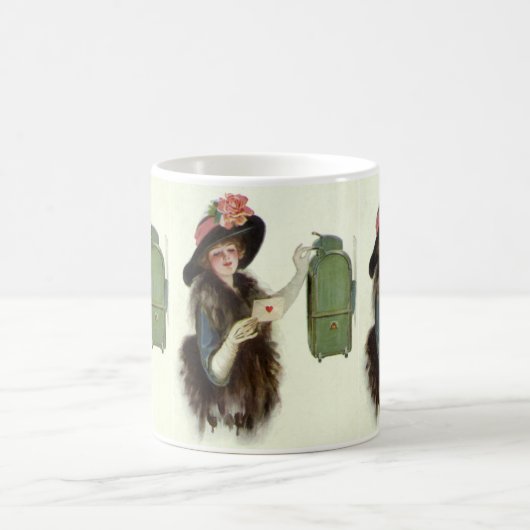 Oude victoriaanse valentijnskaart met vrouw en lie koffiemok (Center)