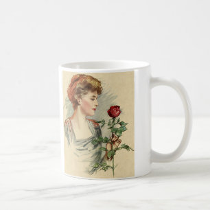 Oude victoriaanse vrouw rode roos bloem bloemstuk koffiemok