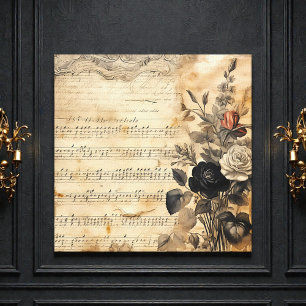 Oude Victoriaanse Zwarte en Beige Bladmuziek Canvas Afdruk