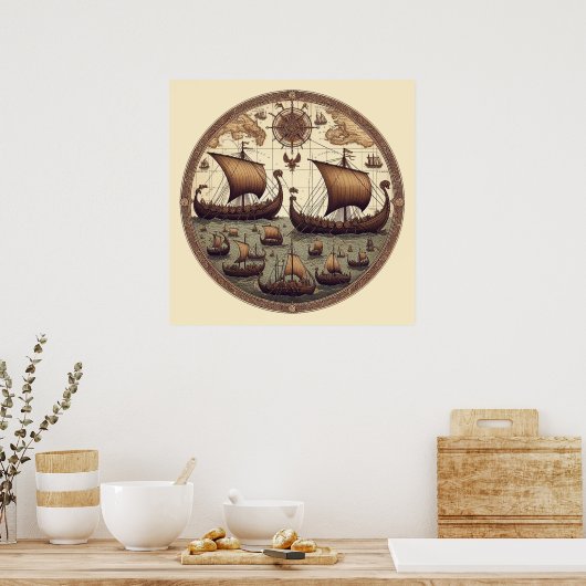 Oude Vikingzeilschepen 3 Poster (Keuken)