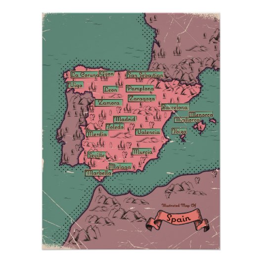 Oude vintage kaart van Spanje Perfect Poster (Voorkant)
