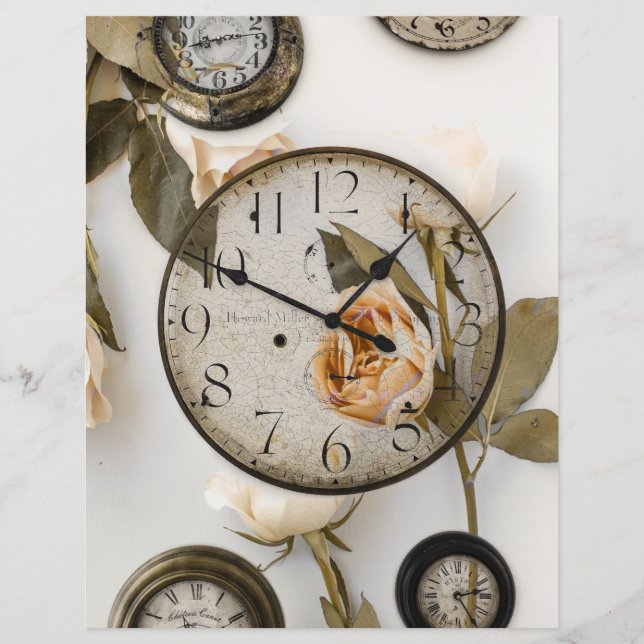 Oude vintage klok en witte rozen en bladeren (Voorkant)