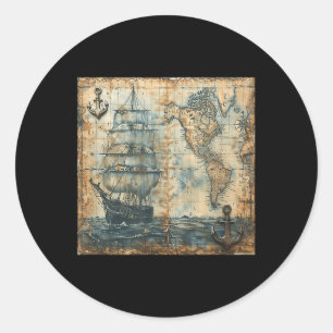Oude vintage nautische kaart piratenschip zeilboot ronde sticker