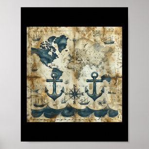 Oude Vintage Nautische Piraat Zeilboot Anker Zee O Poster
