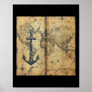 Oude Vintage Nautische Piraat Zeilboot Anker Zee O Poster