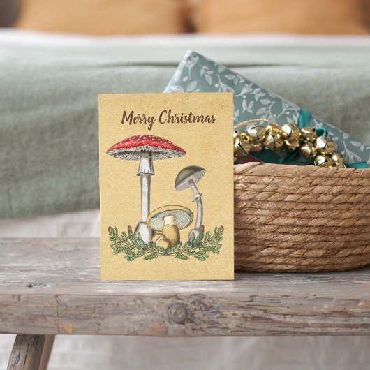 Oude vintage paddenstoelen schimmels bruine kerst feestdagenkaart