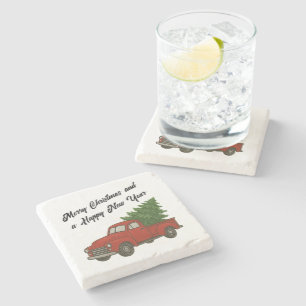 Oude vintage rode Chevy vrachtwagen sleept kerstbo Stenen Onderzetter