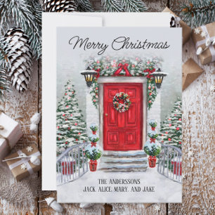 Oude Vintage Rode Deur Krans Gelukkig Kerstmis  Feestdagenkaart