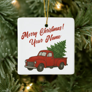 Oude vintage rode pick-uptruck met kerstboom keramisch ornament